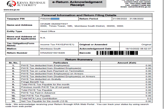 KRA iTax acknowledgement receipt after successful P10 filing