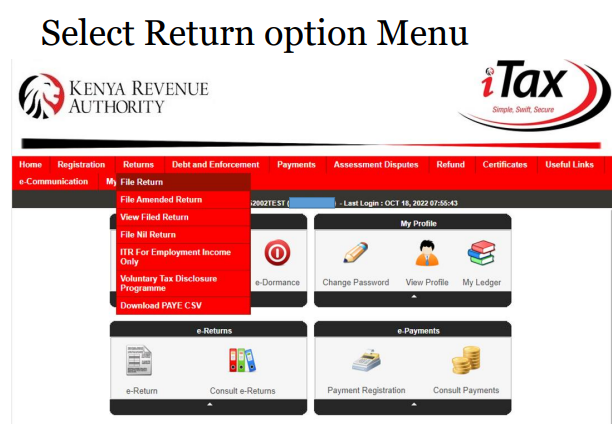 KRA iTax dashboard showing the Returns menu for PAYE filing
