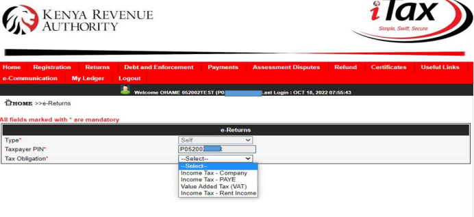 Selecting PAYE as the tax obligation on KRA iTax portal