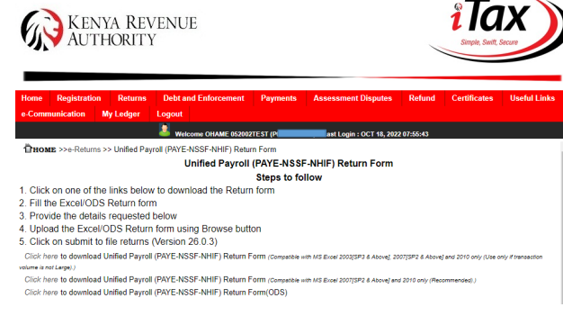 KRA iTax download option for the P10_Return.xlsm Excel form