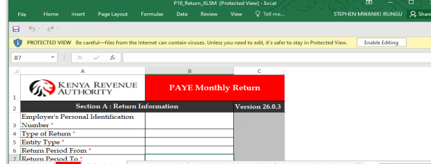 Microsoft Excel prompt to enable macros and editing on P10 form in Kenya