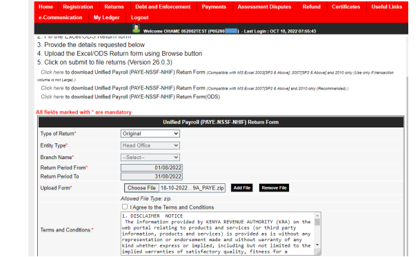 KRA iTax upload screen for submitting P10 PAYE return